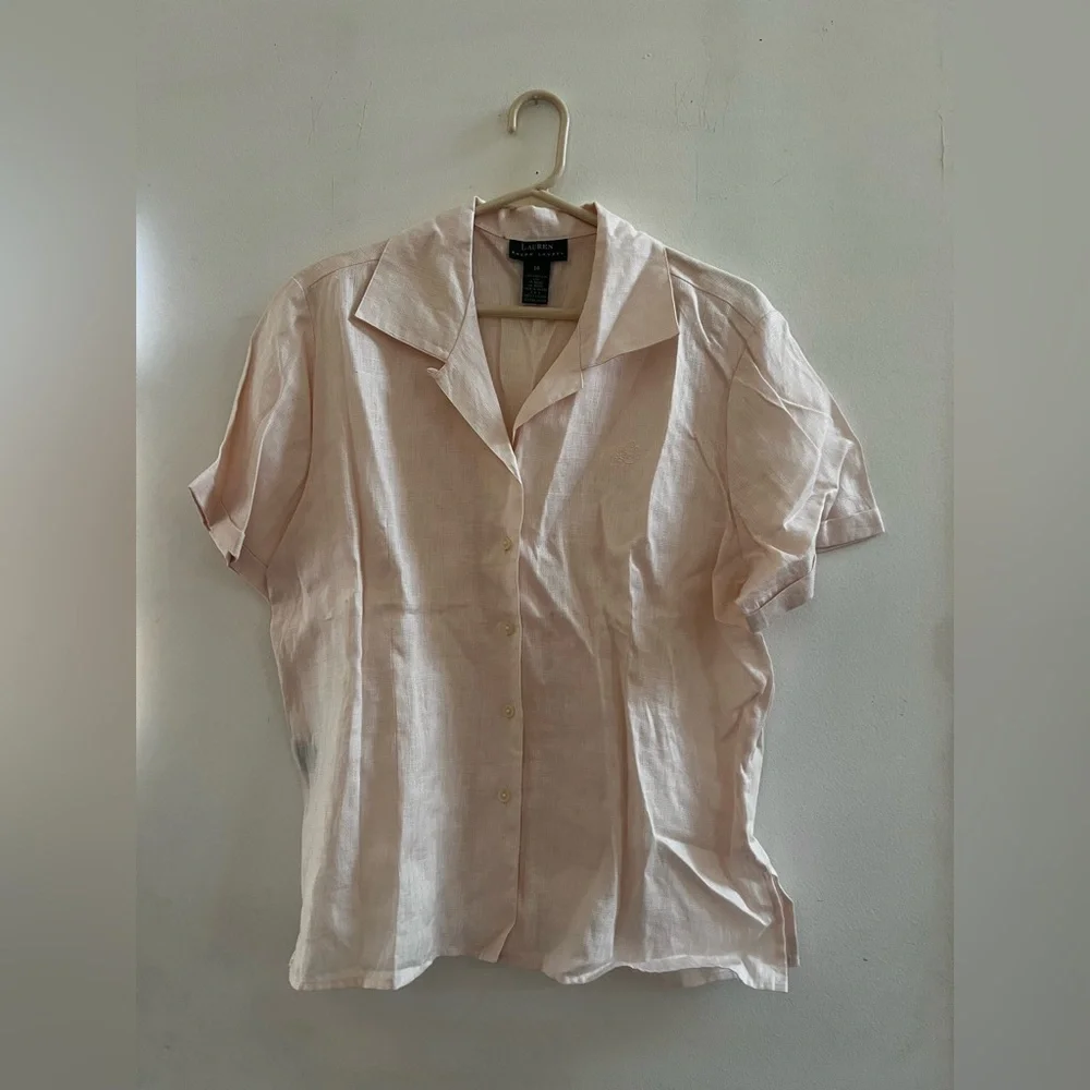 Lauren Ralph Lauren Linen Blouse Pink Short Sleeve Coastal Nantucket Size 14 - Picture 2 of 4